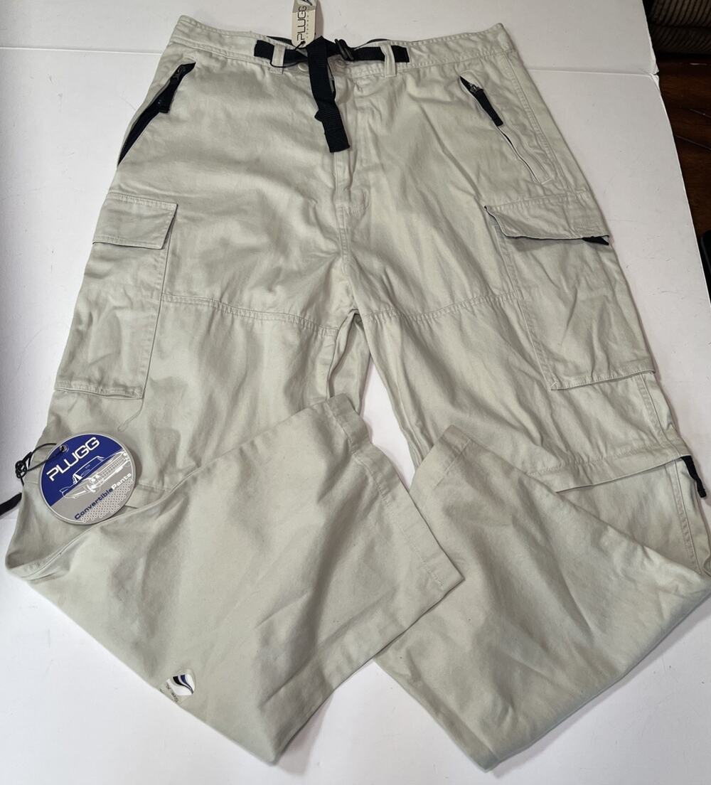 Plugg Y2K Men’s Cargo Pants Beige Convertible Shorts Skate Baggy XL 36X31 NWT